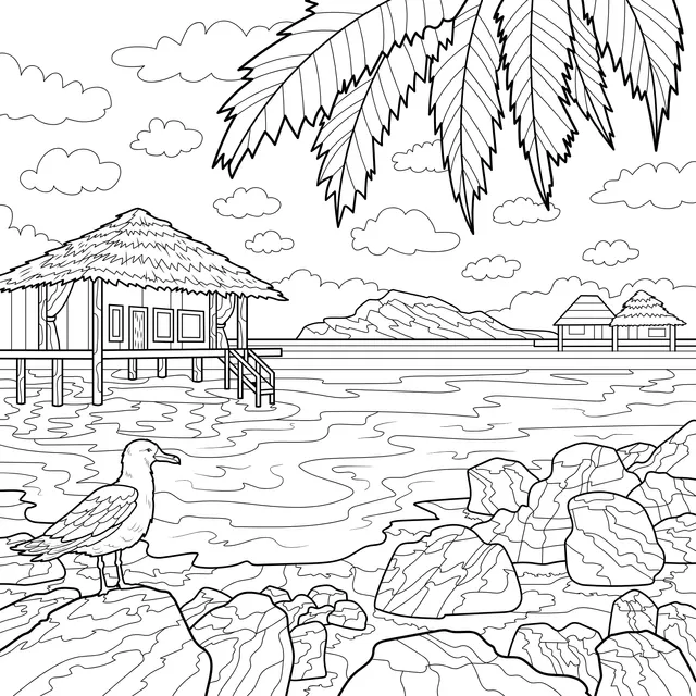 Beach Huts and Seagull