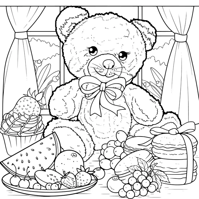 Adorable Teddy Bear with Fruits and Desserts