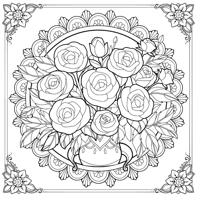 Illustrated Multicolored Roses in a Vase