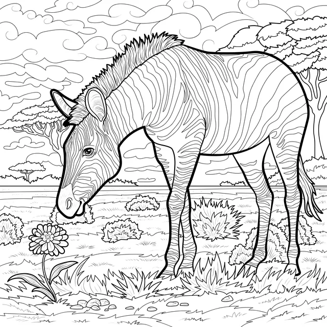 Zebra smelling a flower