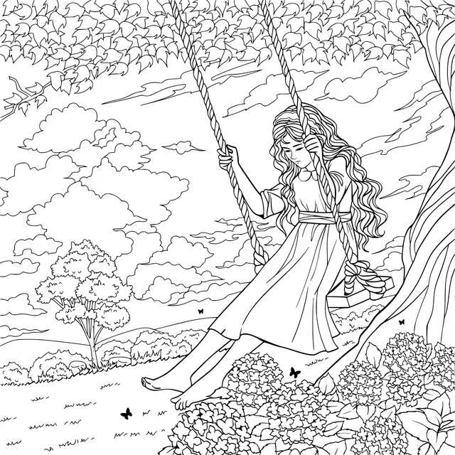 Girl swinging under the tree