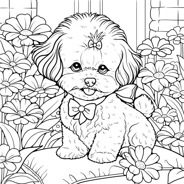 Cute Puppy in the Flower Bed