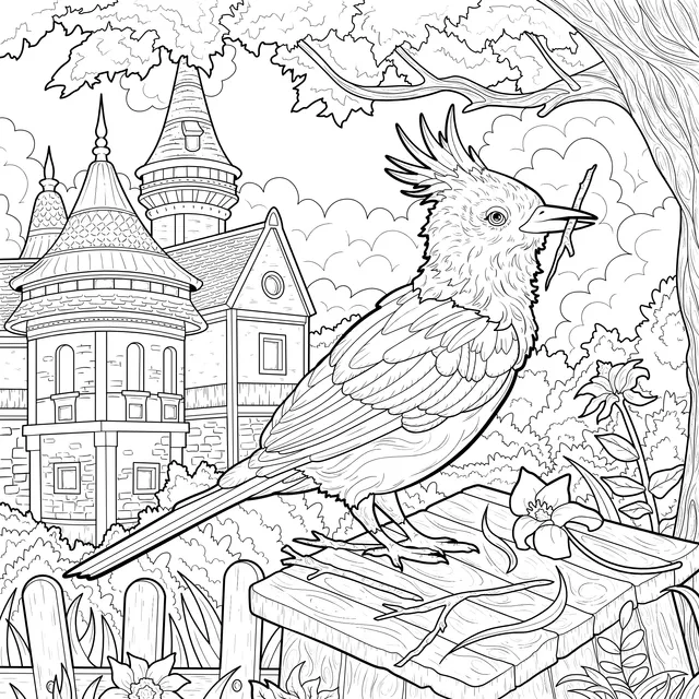 Bird on the wooden platform beside the castle