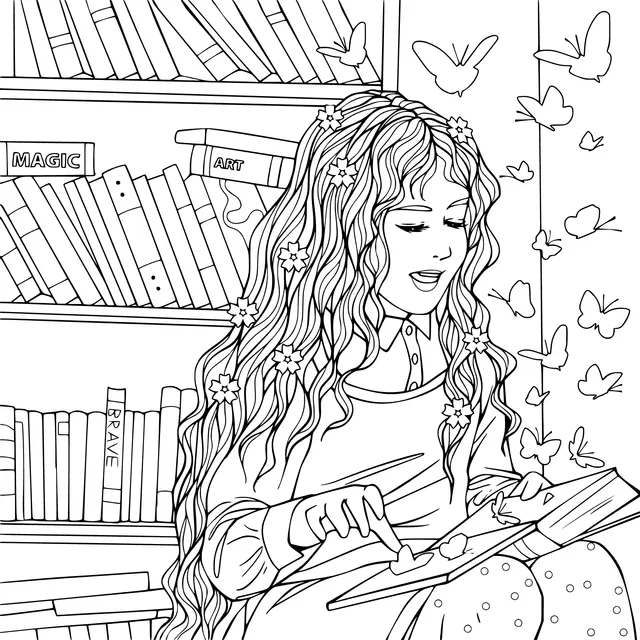 Girl reading beside a magical bookshelf
