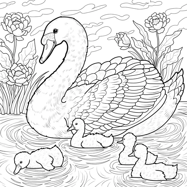 Swan and its cubs in the water