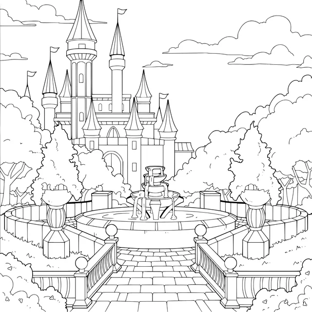 Fantasy Castle and Fountain Landscape