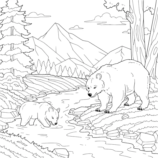Mother - bear and Cub by the Stream