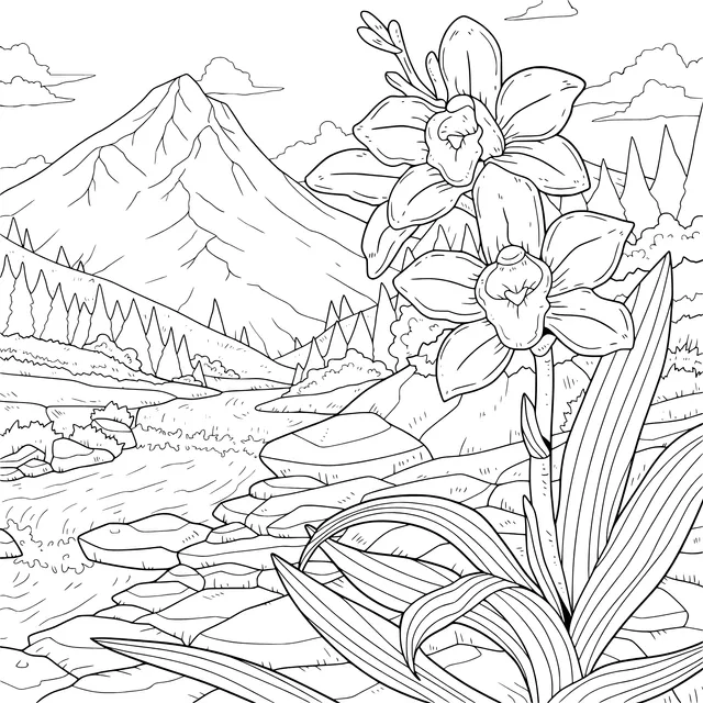 Orchids Blooming by the Stream and Mountain Scenery