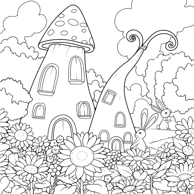 Fairy - like Mushroom Houses and Flowering Bushes