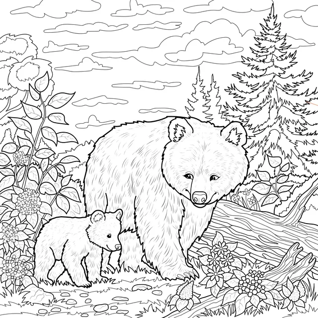 Mother bear and baby bear in the forest
