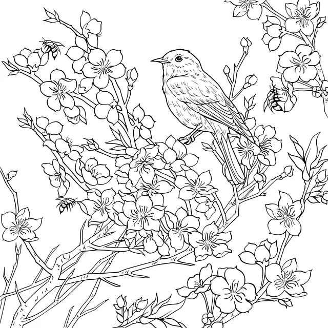 Blue Bird on Flower - laden Branch