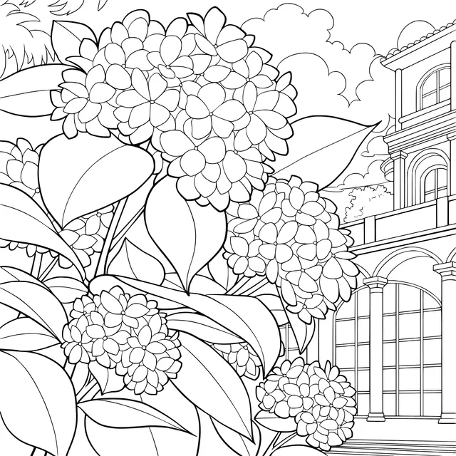 Blue Hydrangeas and Building