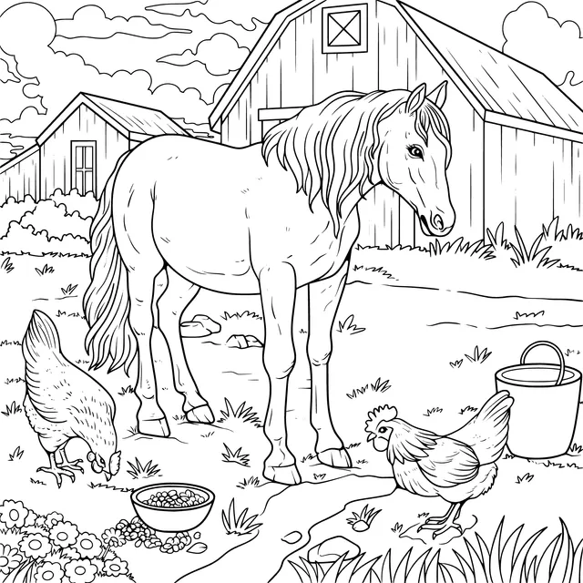Horse and Chickens on the Farm