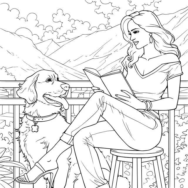 Woman reading leisurely outdoors with a golden - retriever