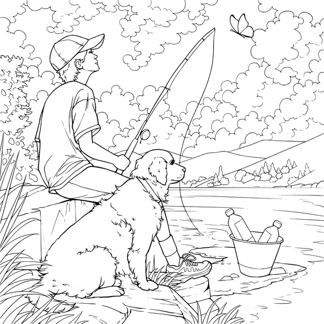 A Boy and His Dog's Fishing Time by the Lake