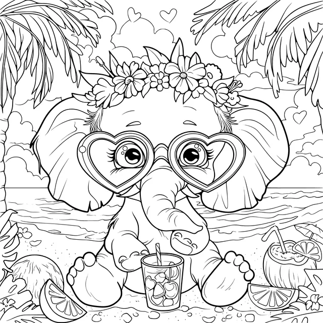 Little elephant with a flower - crown and heart - shaped glasses on the beach