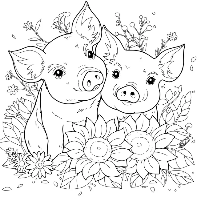 Adorable Pair of Pigs and Flowers
