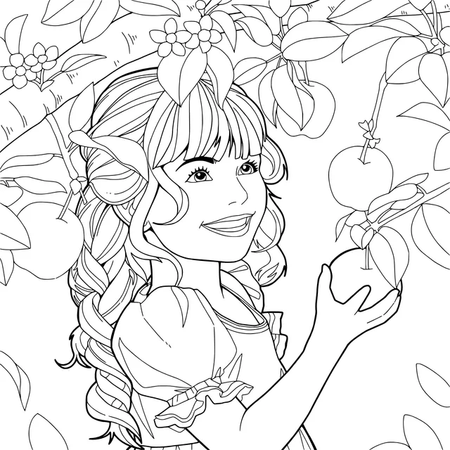 Girl picking peaches in the orchard