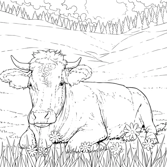 A Cow Resting on the Grass