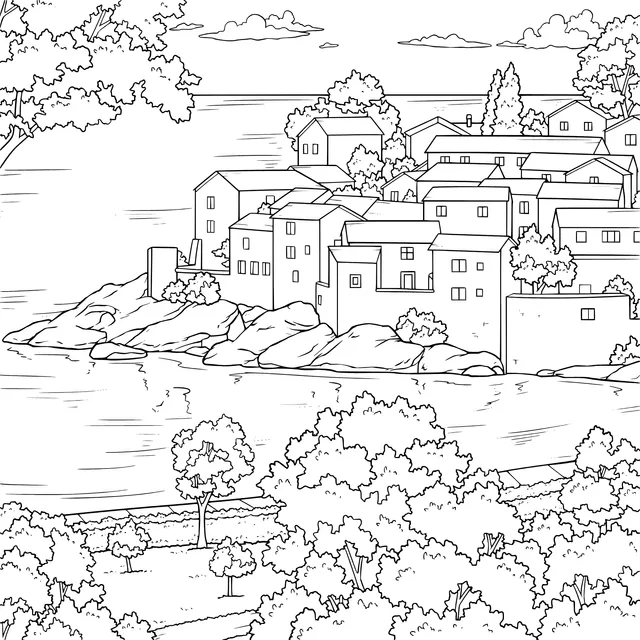 Scenery of a riverside town