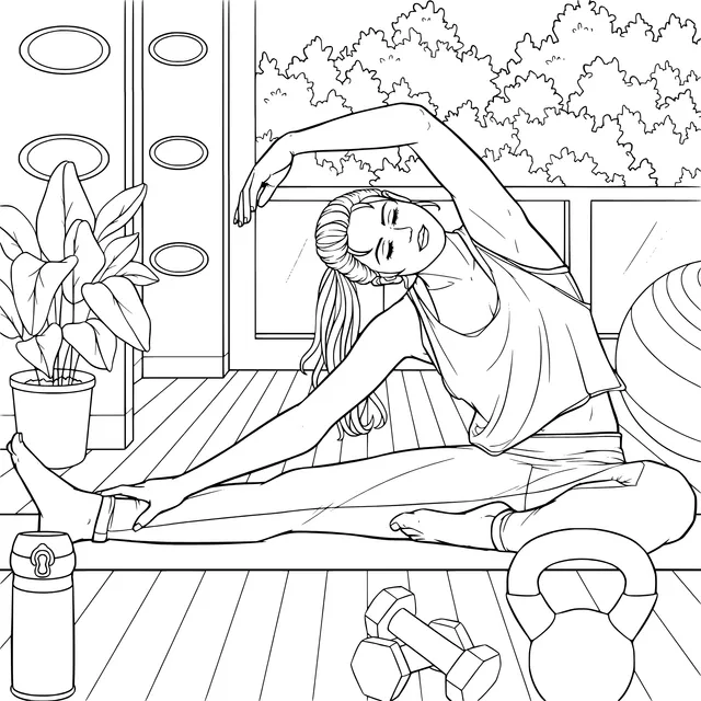A woman doing stretching exercises on the balcony