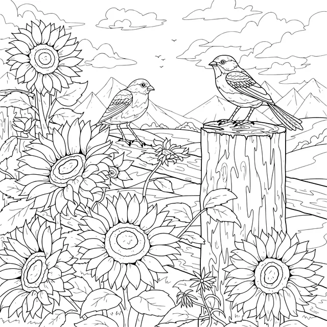 Birds beside Sunflowers