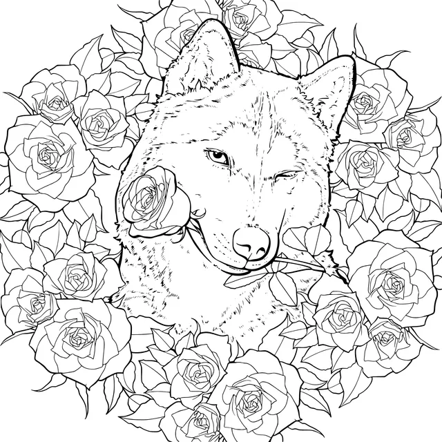 Husky Surrounded by Roses