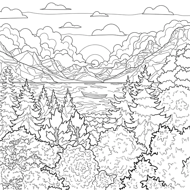 Beautiful Sunset Scenery by the Lakeside in the Mountains and Forests