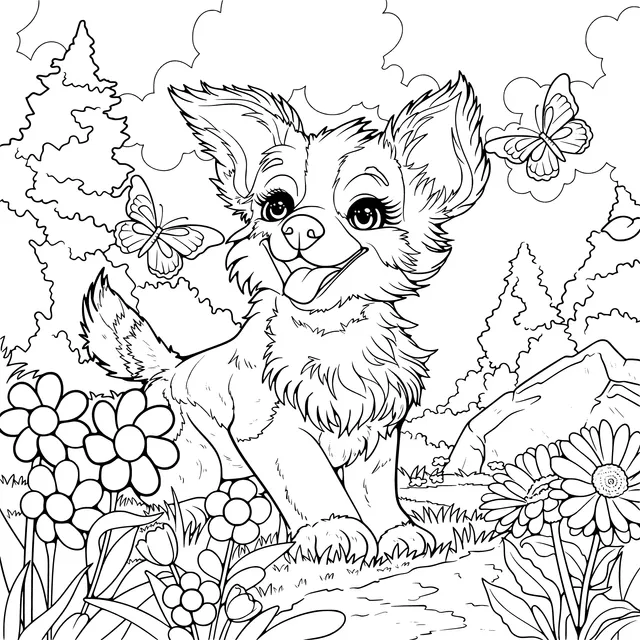 Happy Dog in the Flower Bed
