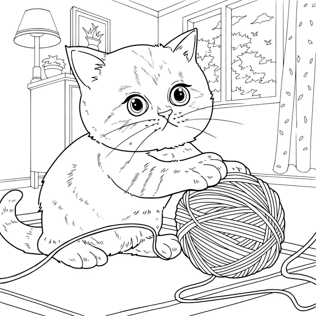 Cute Kitten Playing with Yarn