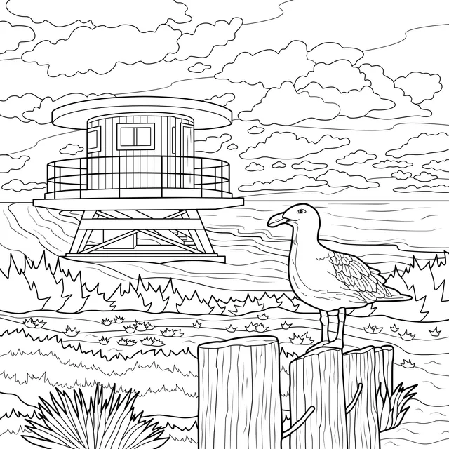 Seagull and Lifeguard Tower on the Beach
