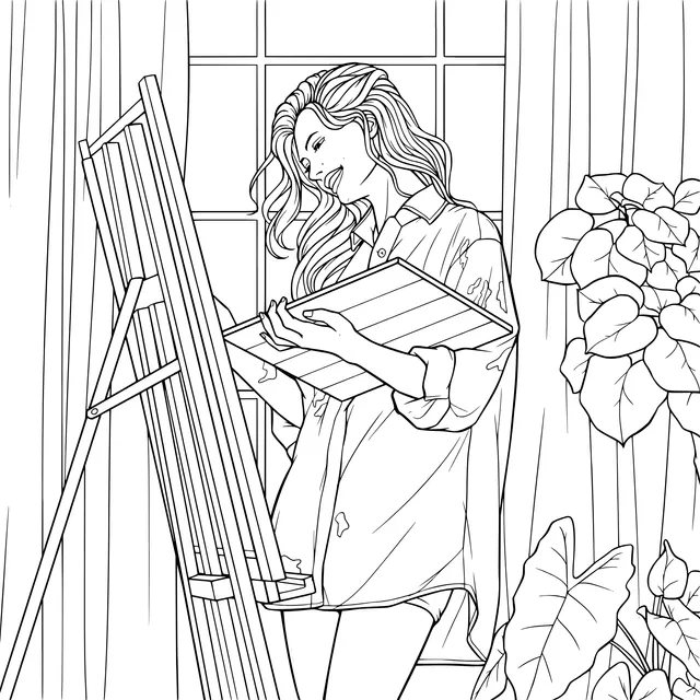 Woman painting by the window
