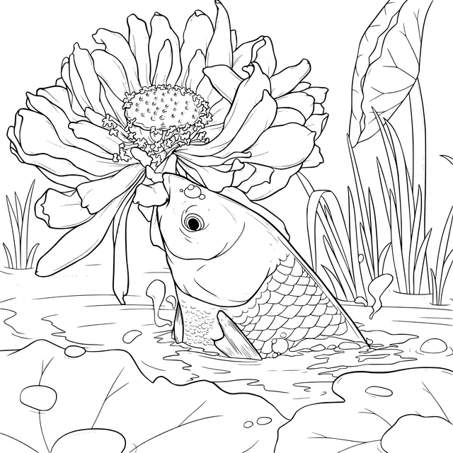 Carp playing with lotus flower