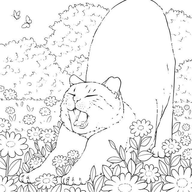 A yawning cat in the flower - bed