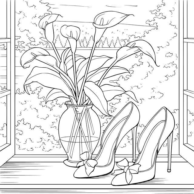 Red High - heeled Shoes and Calla Lilies by the Window