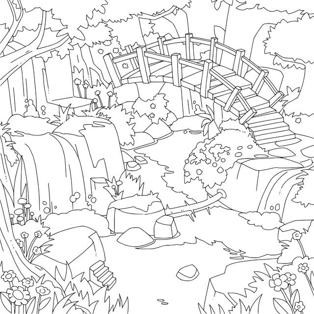 Wooden Bridge and Stream in the Forest