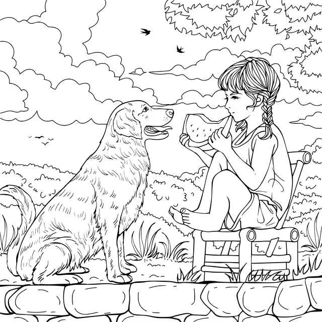 A girl and a dog enjoying a watermelon together