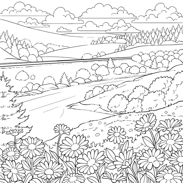Scenic Riverside with Blooming Flowers