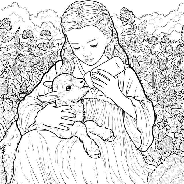 Girl feeding a lamb