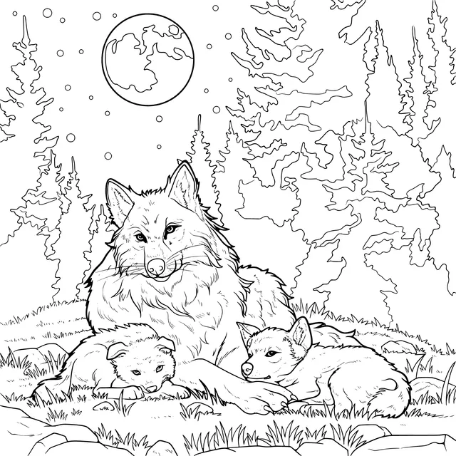 Mother Wolf and Cubs under the Moonlight