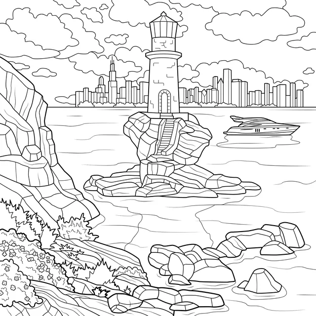 Lighthouse by the Sea and Cityscape