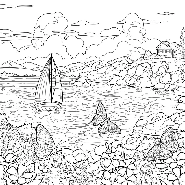 Beautiful Scenery of Butterflies, Flowers and Sailboat by the Seashore
