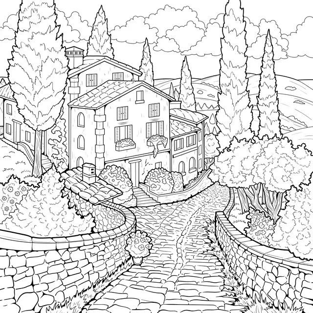 Houses and Pathway in a Rural Landscape