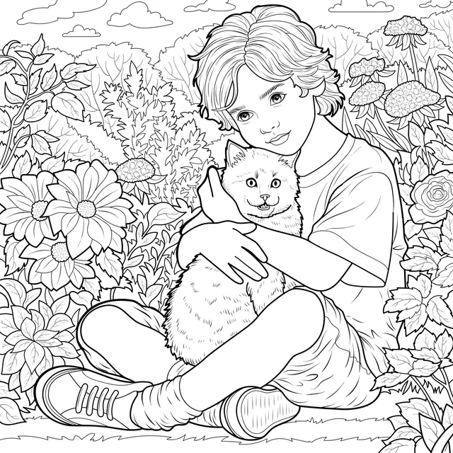 Boy hugging a cat in the flower - filled area