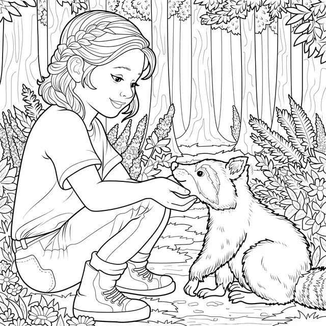 Friendly Interaction between a Girl and a Raccoon