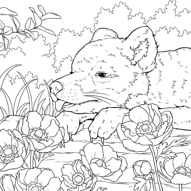 Dog resting beside the flowers