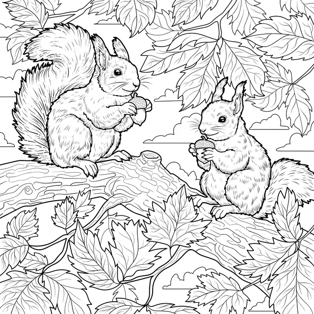 Squirrels Eating on a Branch
