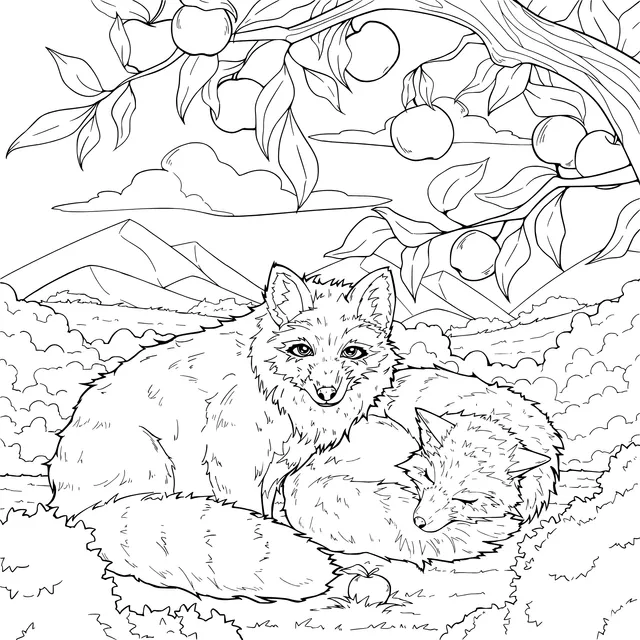 Mother and cub foxes under the apple - tree