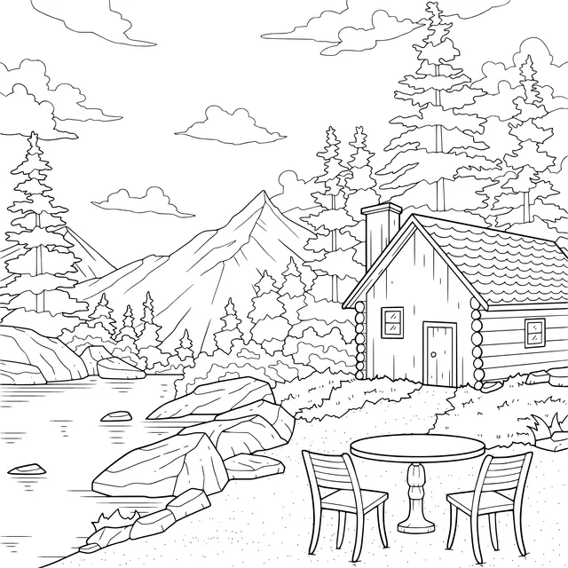 Log - cabin scenery by the mountain lake