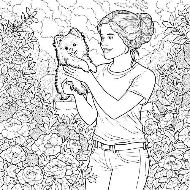 Girl and Pomeranian in Flower - filled Area